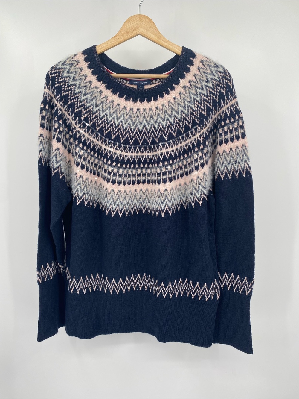Tommy Hilfiger Navy Fair Isle Crewneck Sweater Wool Blend Long Sleeve Size 1X
